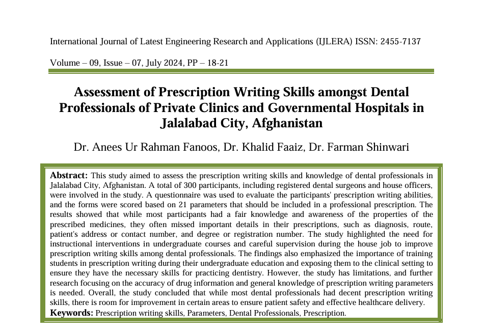 Assessment of Prescription Writing Skills amongst Dental Professionals of Private Clinics and Governmental Hospitals in Jalalabad City, Afghanistan